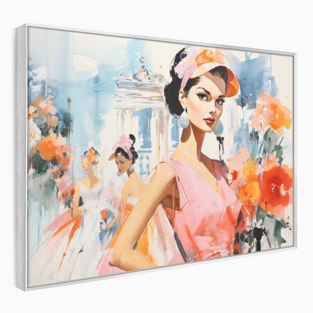 Tablou canvas cu tablou canvas cu femei la moda retro, in rama de aluminiu argintiu